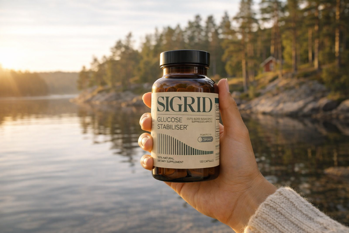Bottle of SIGRID Glucose Stabilizer with SiPore® technology on a bathroom shelf