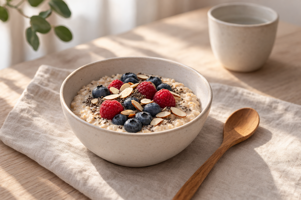 Bowl of oatmeal topped with fresh berries, a blood sugar friendly breakfast option