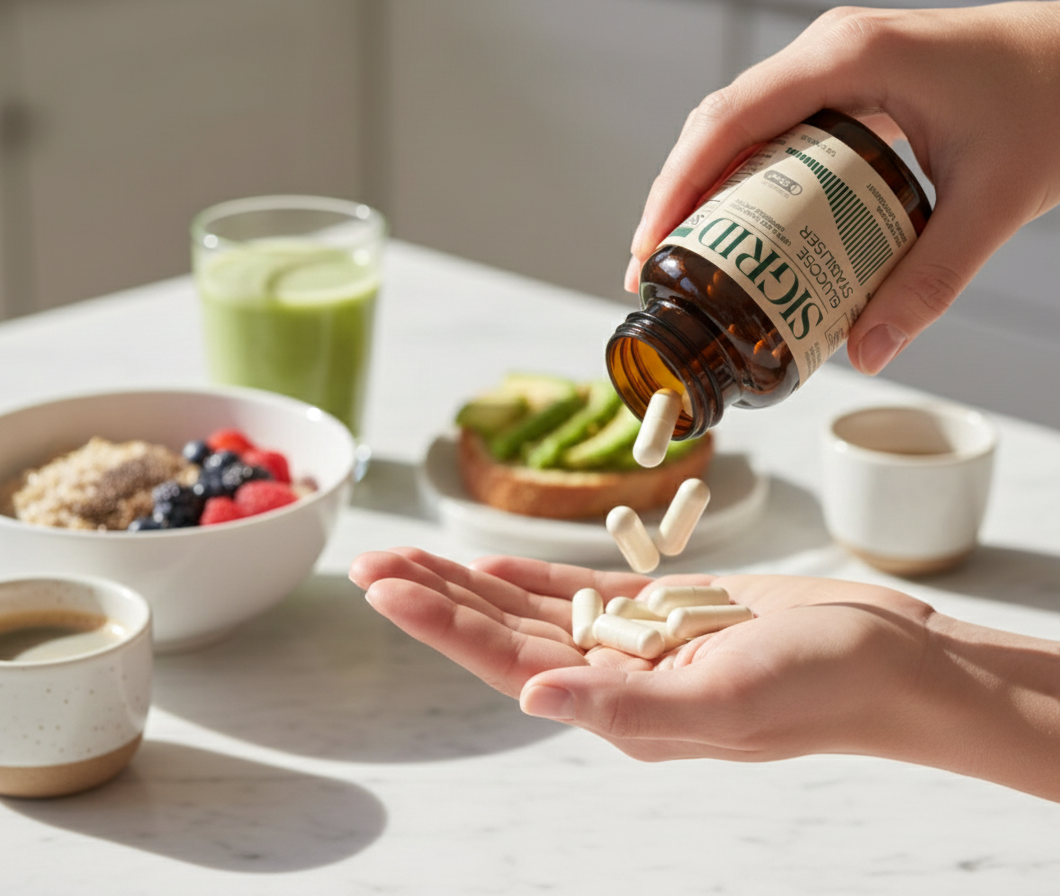 Ingredients for a blood sugar friendly breakfast including SIGRID Glucose Stabilizer