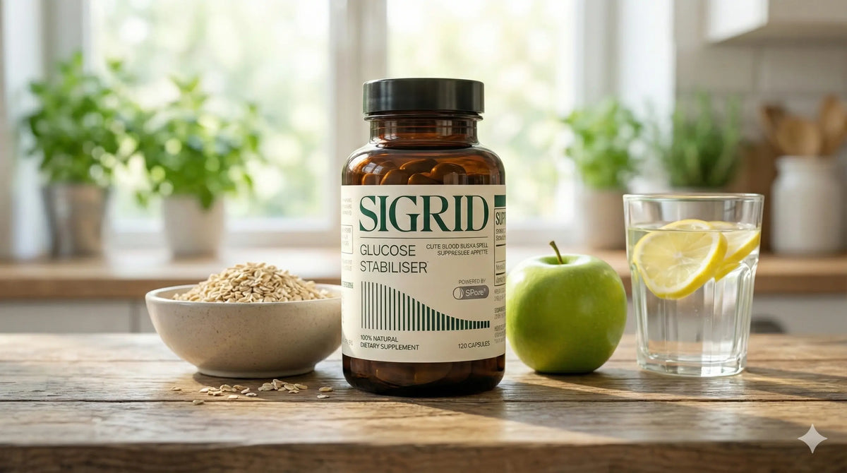 SIGRID Glucose Stabiliser bottle with oats and a green apple, supporting blood sugar support and digestive comfort