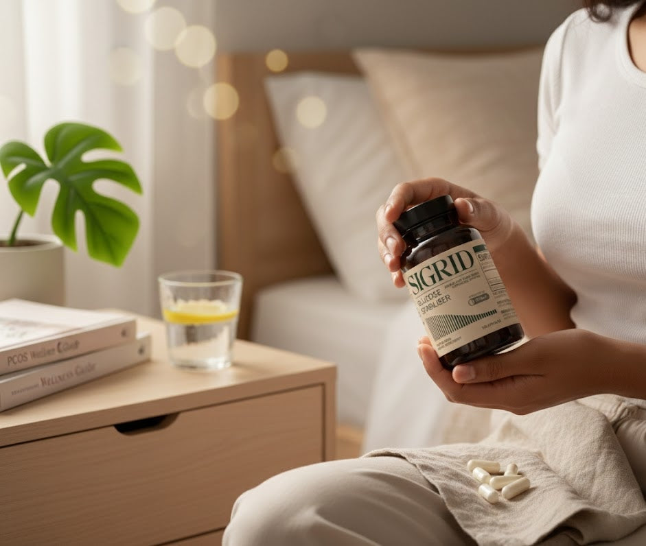 Glucose Stabilizer capsules on a nightstand, representing glucose levels and weight loss support